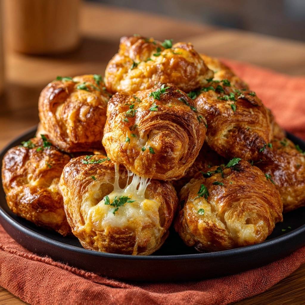 Knusprige Kase Kraut Croissants Nahaufnahme 1 Knusprige Käse-Kräuter-Croissants in Nahaufnahme, mit geschmolzenem Käse, der aus einem der Croissants herausläuft und mit Kräutern bestreut ist.