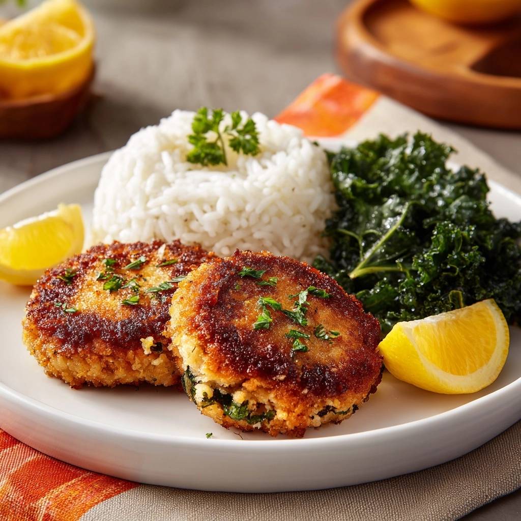 Knusprige Kraeuter Fischkoteletts Serviert 1 Knusprige Kräuter-Fischkoteletts serviert auf einem Teller mit Reis, Grünkohl und frischen Zitronenspalten. Ein köstliches Mittagessen.