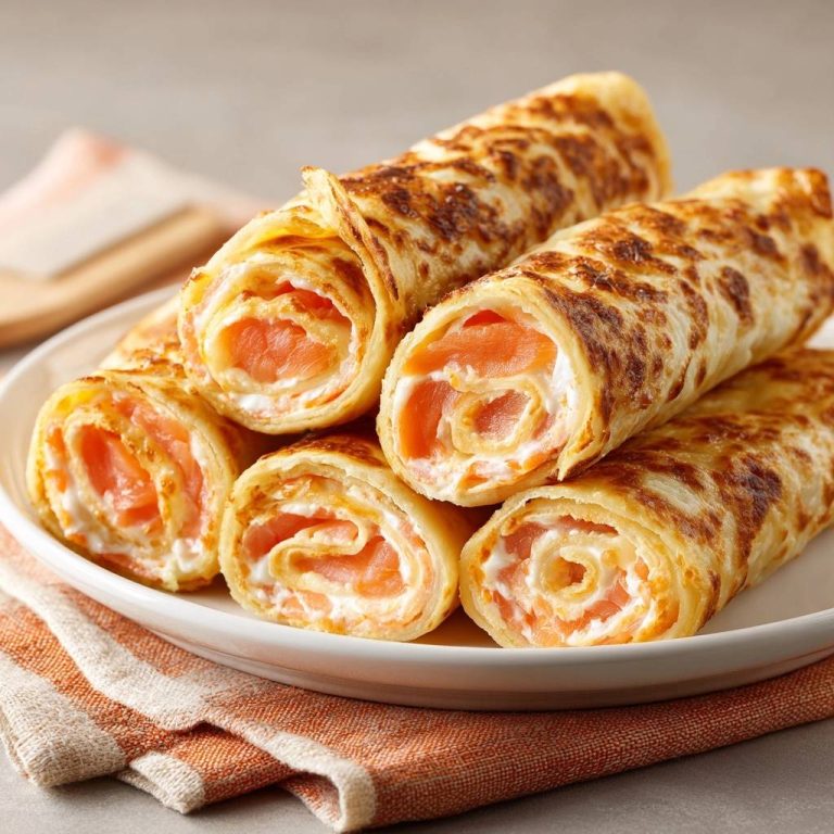 Knusprige Lachs-Crêpes in Nahaufnahme, serviert auf einem weißen Teller. Die gerollten Crêpes zeigen eine appetitliche Füllung aus Lachs und Frischkäse.