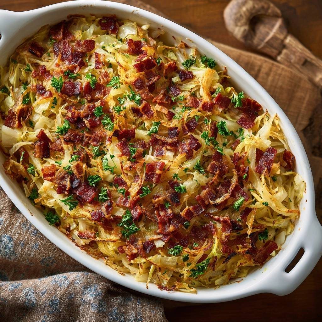 Knusprige Ofen Roesti Draufsicht Mit Speck 1 Knusprige Ofen-Rösti, von oben betrachtet, mit knusprigem Speck belegt und mit frischer Petersilie garniert.
