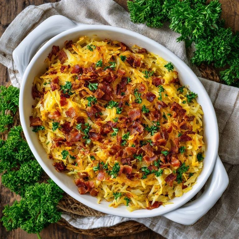 Knusprige Ofen-Rösti in einer weißen Auflaufform, mit knusprigem Speck und frischer Petersilie garniert, von oben gesehen.