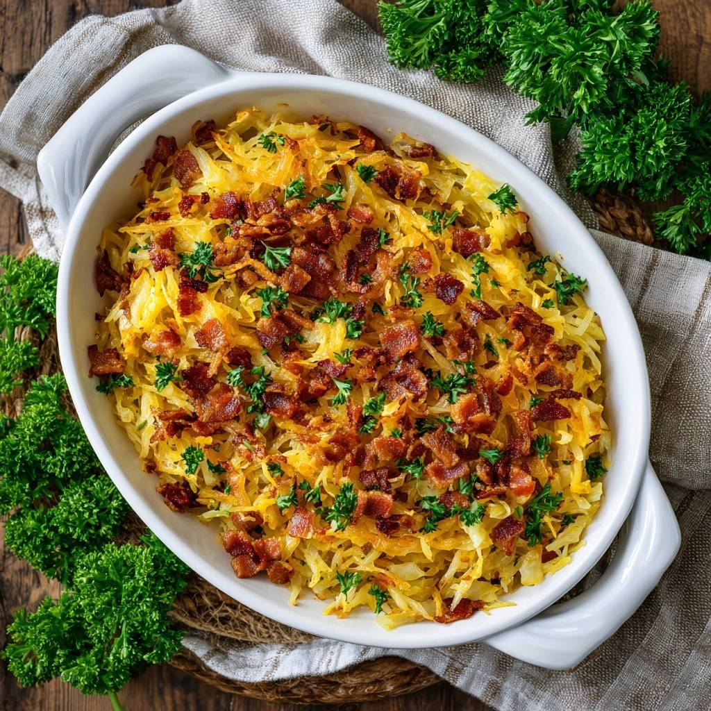 Knusprige Ofen-Rösti in einer weißen Auflaufform, mit knusprigem Speck und frischer Petersilie garniert, von oben gesehen.