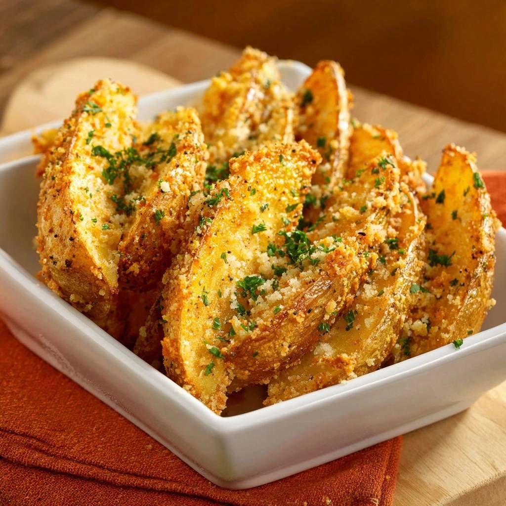Knusprige Parmesan Kartoffelwedges Serviert 1 Knusprige Parmesan-Kartoffelwedges serviert in einer weißen Schüssel, garniert mit frischer Petersilie und Parmesan. Die leckeren Kartoffelecken sind goldbraun gebacken.