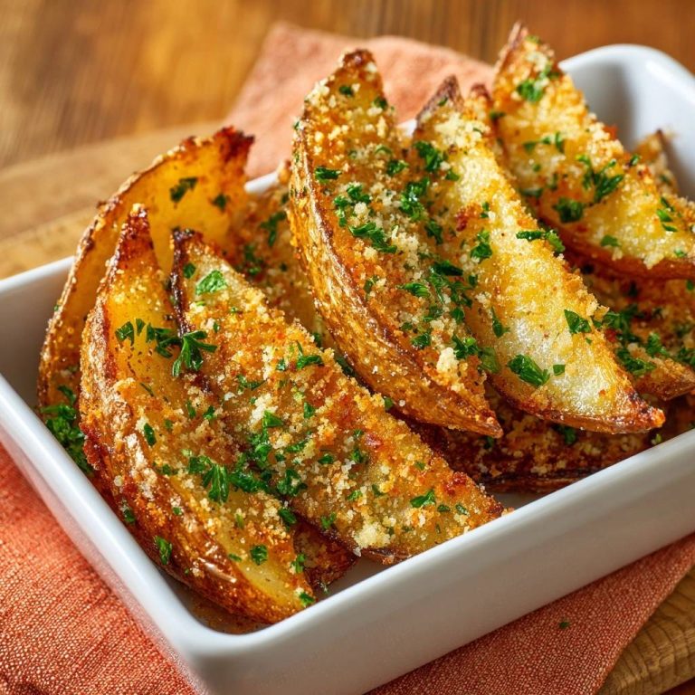 Knusprige Parmesan-Kartoffelwedges serviert in einer weißen Schale, garniert mit frischer Petersilie und knusprigem Parmesan. Die goldbraunen Wedges sehen appetitlich aus.