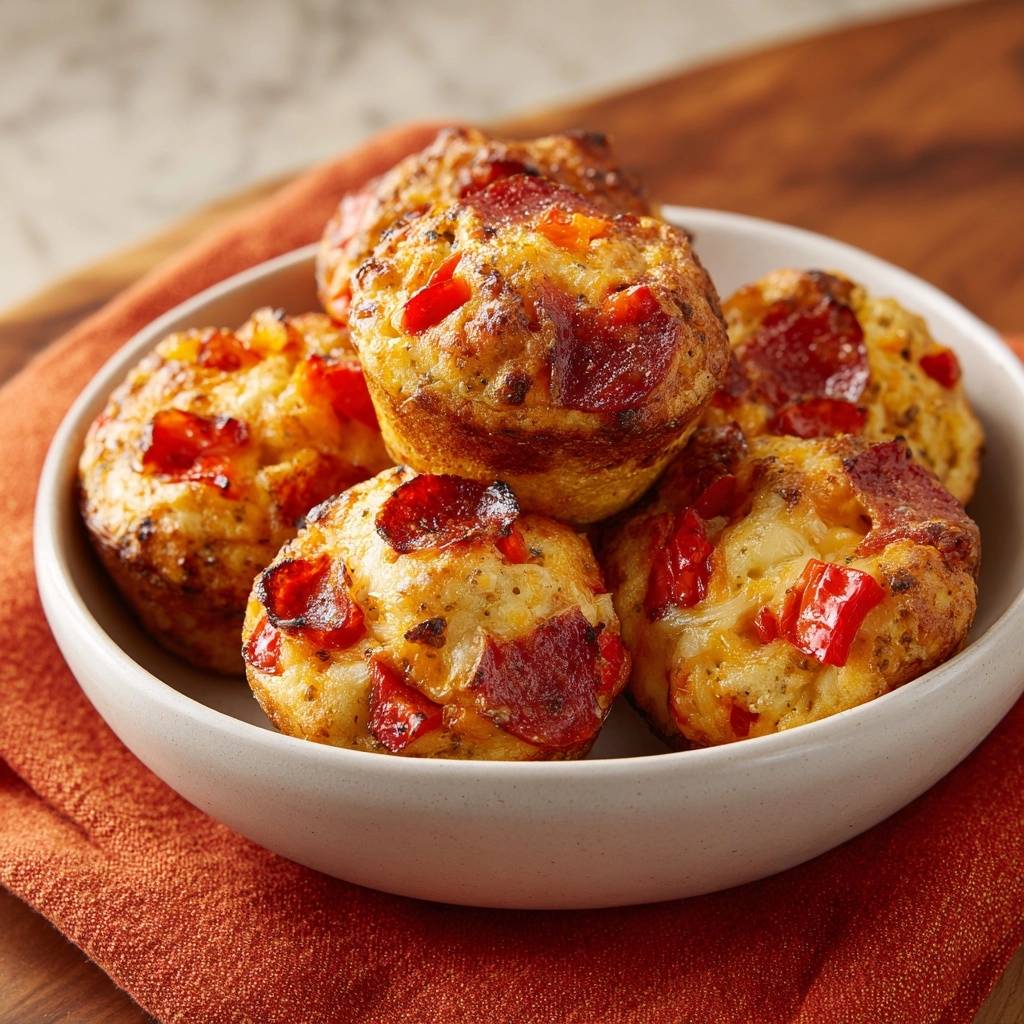Knusprige Pepperoni Pizza Baellchen Nahaufnahme 1 Knusprige Pepperoni-Pizza-Bällchen in einer Schüssel aus nächster Nähe betrachtet, mit knusprigen Pepperoni-Scheiben und roten Paprikastückchen.