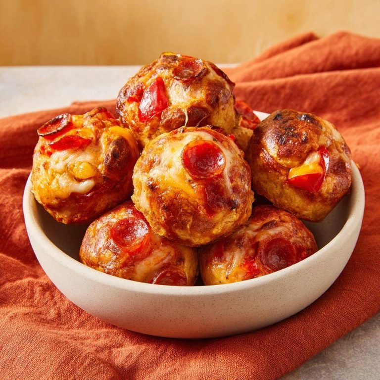 Knusprige Pepperoni-Pizza-Bällchen werden in einer cremefarbenen Schüssel auf einem orangefarbenen Tischtuch serviert, bereit zum Genießen.