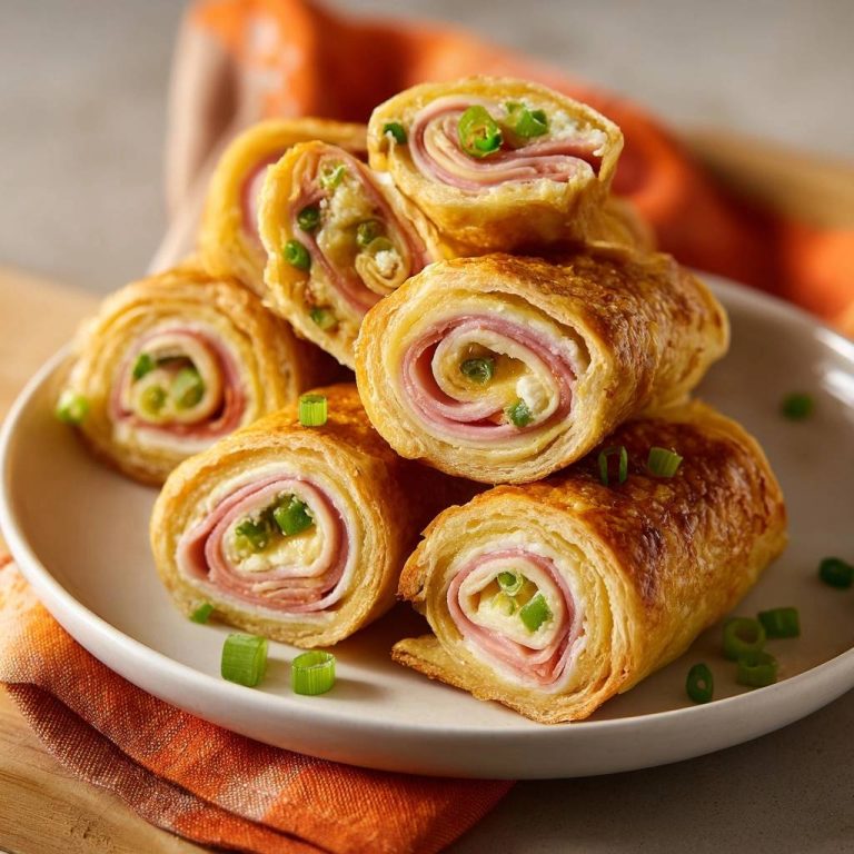 Knusprige Pute-Käse-Blätterteig-Röllchen zeigen hier einen appetitlichen Querschnitt, gefüllt mit Schinken, Käse und Schnittlauch, serviert auf einem weißen Teller.