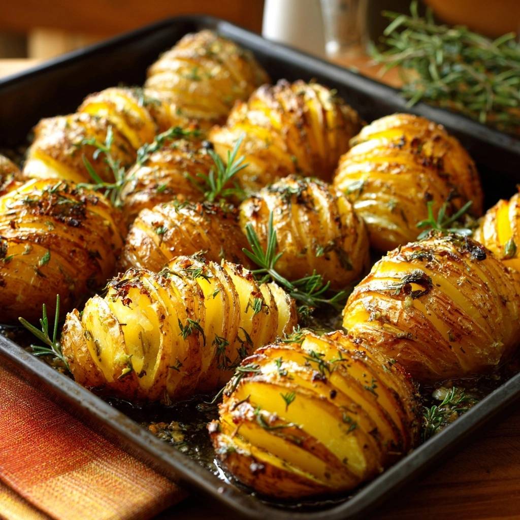 Knusprige Rosmarin Hasselback Kartoffeln Draufsicht 1 Knusprige Rosmarin-Hasselback-Kartoffeln in einer Auflaufform, von oben betrachtet, frisch gebacken und mit Kräutern garniert.