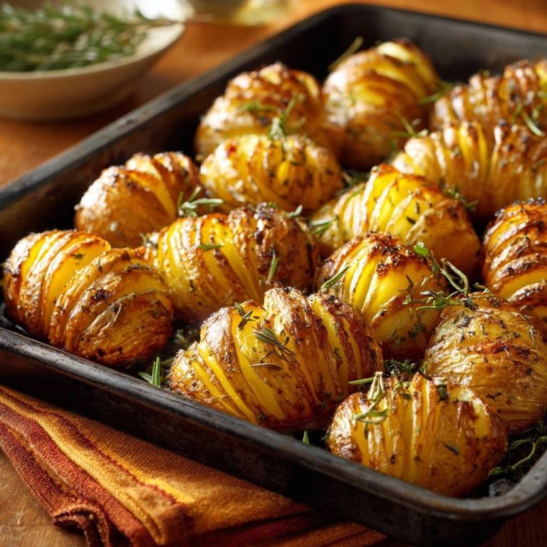 Knusprige Rosmarin-Hasselback-Kartoffeln in einer Backform, von oben fotografiert, mit frischen Kräutern garniert und servierfertig.