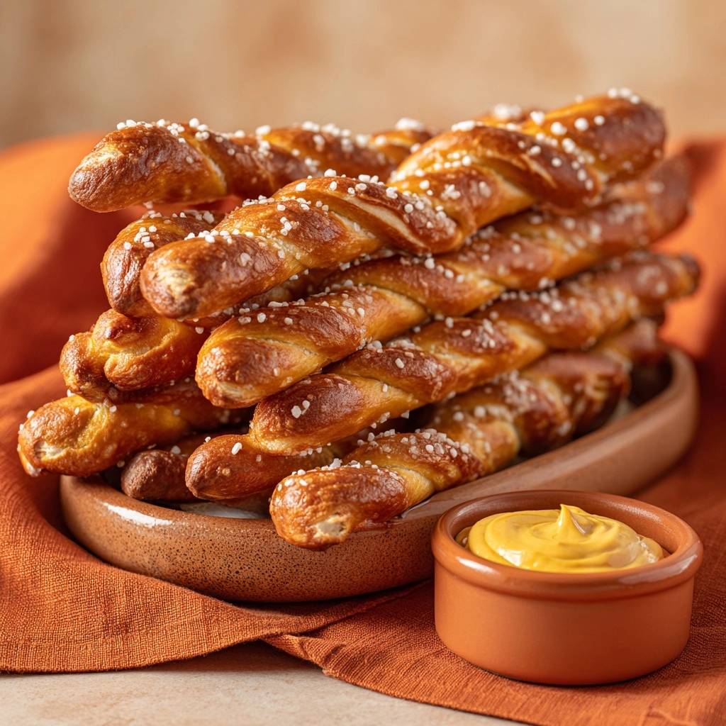 Knusprige Salzbrezelsticks Nahaufnahme 1 Knusprige Salzbrezelsticks in Nahaufnahme: Eine köstliche Stapelung von frisch gebackenen, mit Salz bestreuten Brezelstangen, serviert mit Senf.
