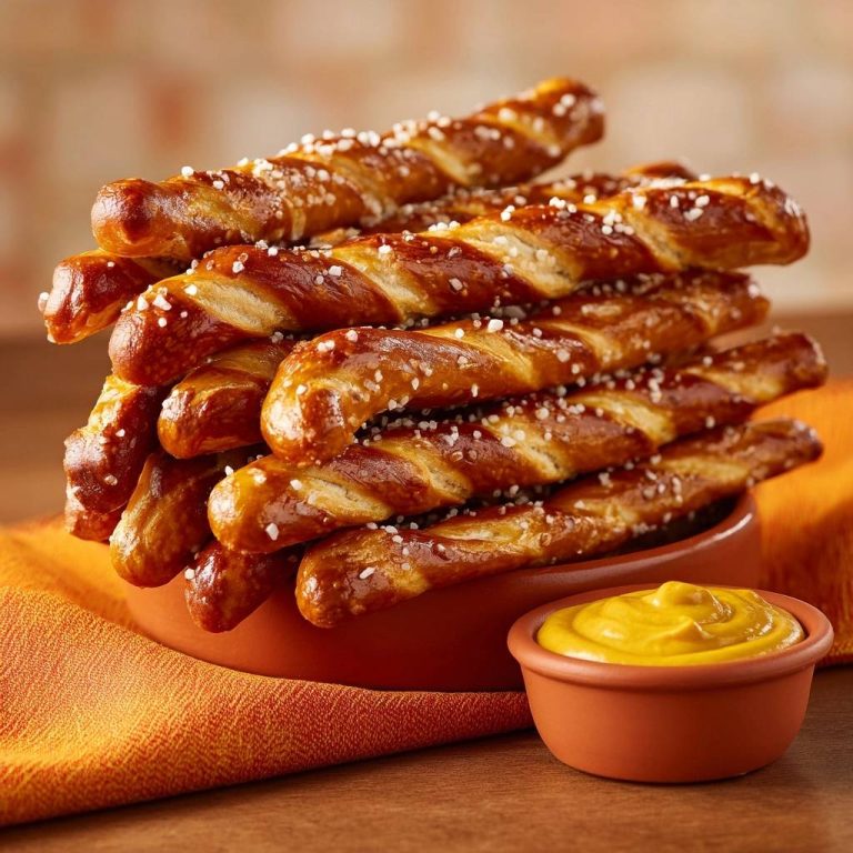 Knusprige Salzbrezelsticks, serviert in einer rustikalen Schale, werden mit Senf zum Dippen präsentiert. Diese Brezel-Sticks sind perfekt zum Teilen oder als Snack.