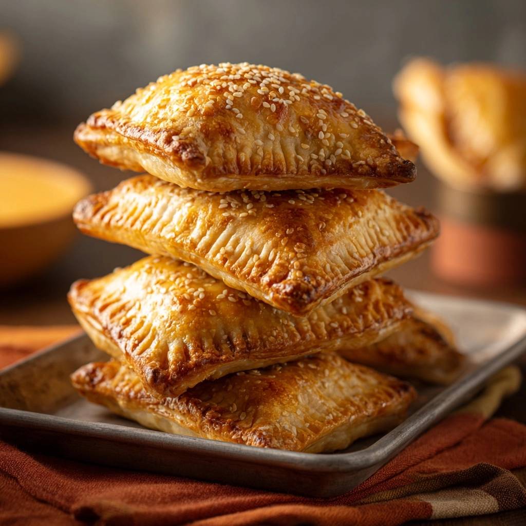 Knusprige Sesam Empanadas Gestapelt 1 Knusprige Sesam-Empanadas in einem gestapelten Turm auf einem Tablett, die goldbraune Kruste mit Sesam bedeckt. Die köstlichen Teigtaschen sind frisch gebacken.