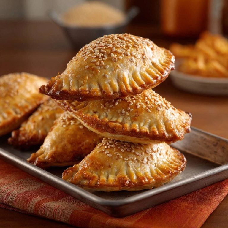 Knusprige Sesam-Empanadas, gestapelt auf einem Blech, mit goldbrauner Kruste und Sesam bestreut, bereit zum Genießen.