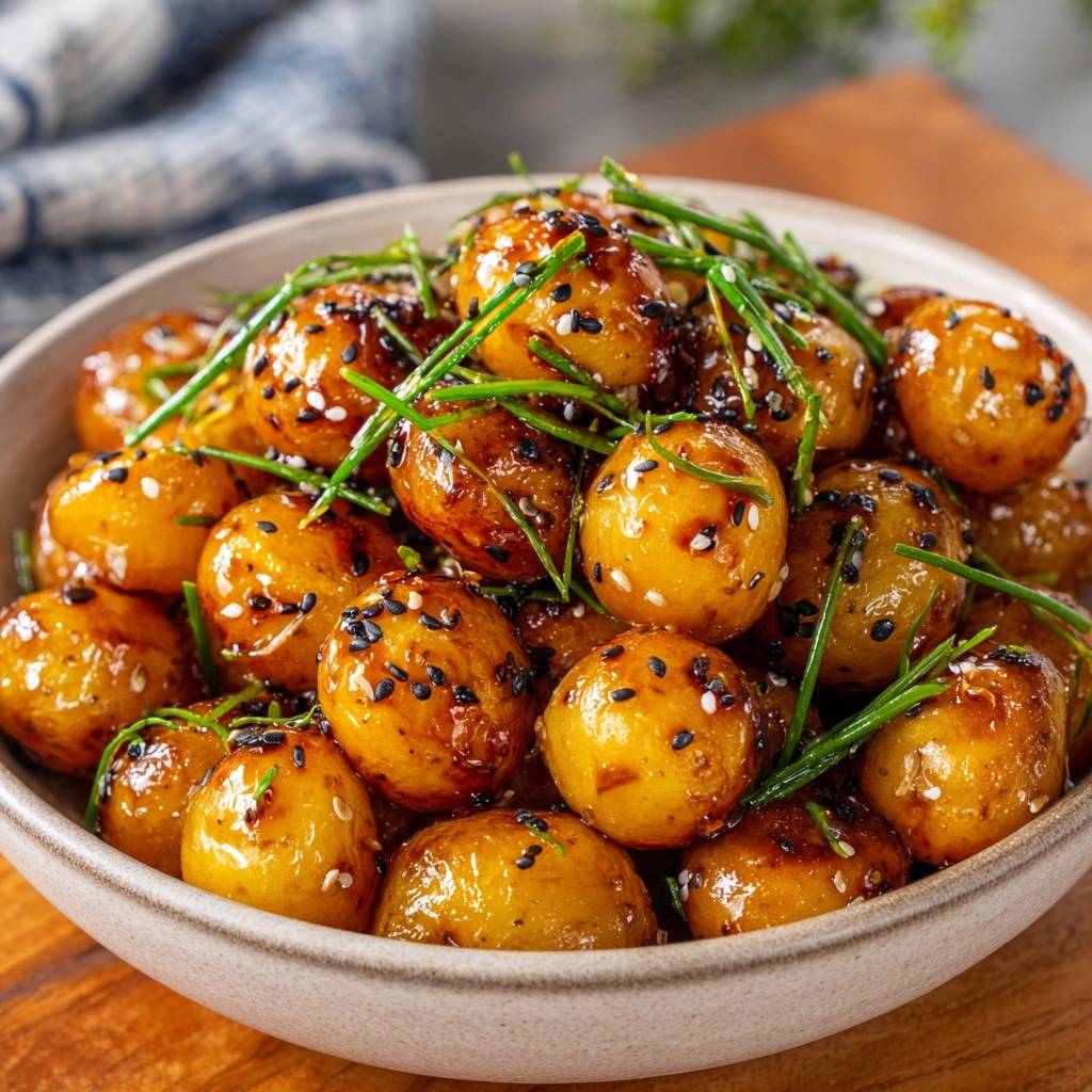 Knusprige Sesam Glasur Babykartoffeln Nahaufnahme Garniert 1 Knusprige Sesam-Glasur-Babykartoffeln in einer Schüssel, nahaufnahme der goldbraunen Kartoffeln, garniert mit frischen Kräutern und Sesam.