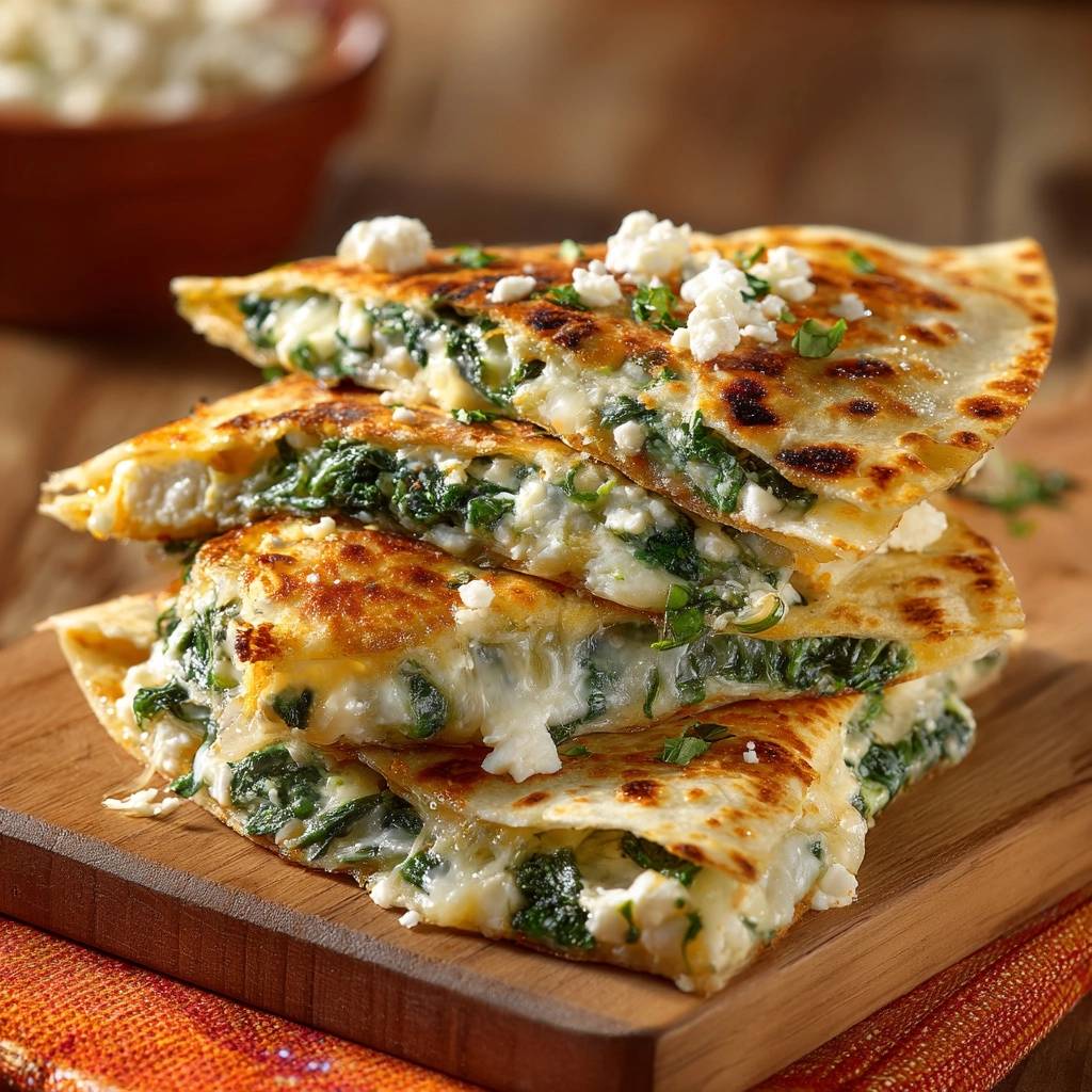 Knusprige Spinat Feta Quesadillas Querschnitt 1 Knusprige Spinat-Feta-Quesadillas im Anschnitt zeigen die saftige Füllung aus Spinat und Feta-Käse, garniert mit frischer Petersilie.