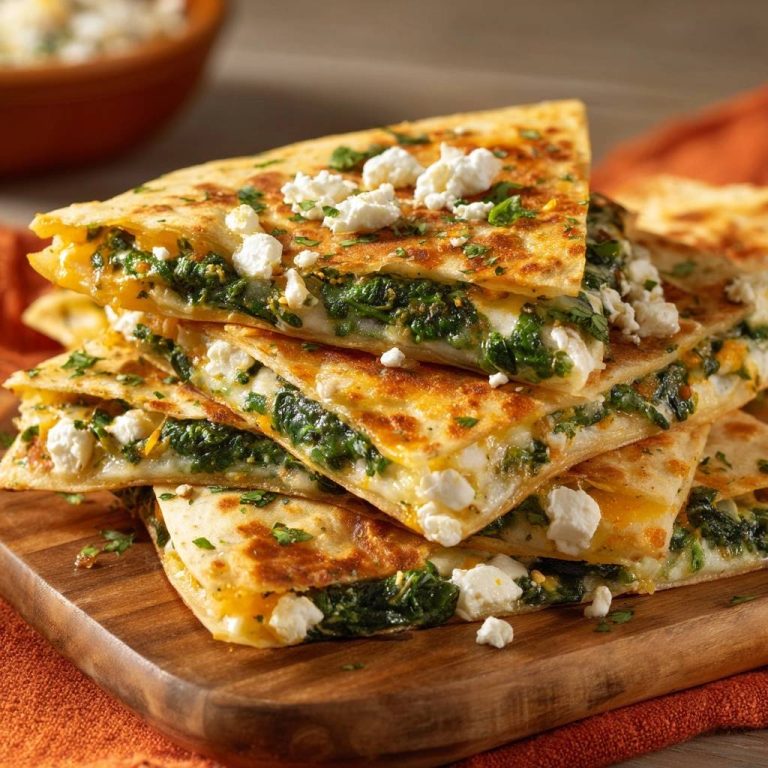 Knusprige Spinat-Feta-Quesadillas im Anschnitt zeigen die saftige Füllung aus Spinat und Feta-Käse, garniert mit frischer Petersilie.