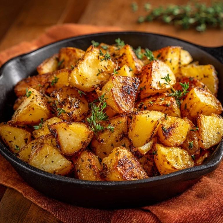 Knusprige Thymian-Bratkartoffeln, serviert in einer rustikalen Pfanne, mit frischen Kräutern garniert und appetitlich angerichtet.