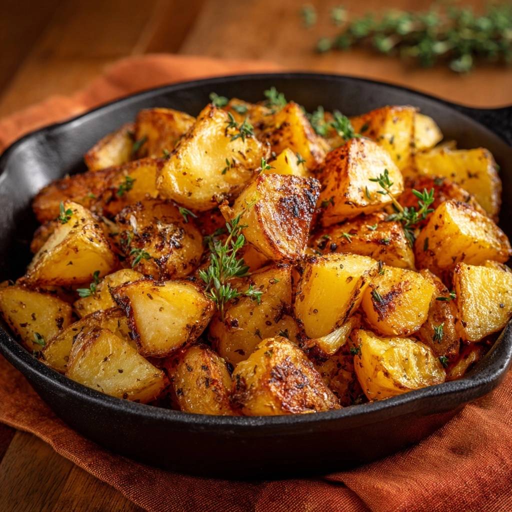 Knusprige Thymian-Bratkartoffeln, serviert in einer rustikalen Pfanne, mit frischen Kräutern garniert und appetitlich angerichtet.