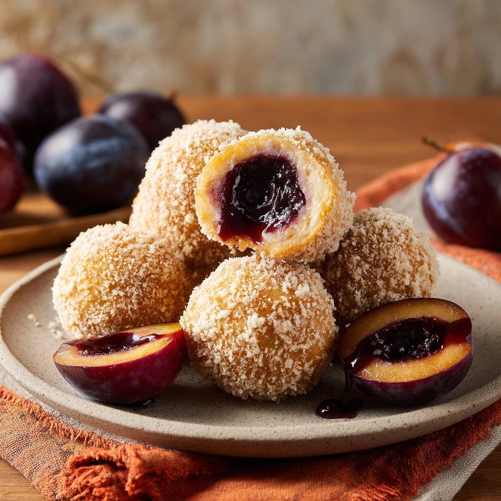 Knusprige Zwetschgenknoedel Querschnitt Nahaufnahme 1 Knusprige Zwetschgenknödel mit einem saftigen Zwetschgenkern in Nahaufnahme, die den leckeren Inhalt des Desserts zeigen.