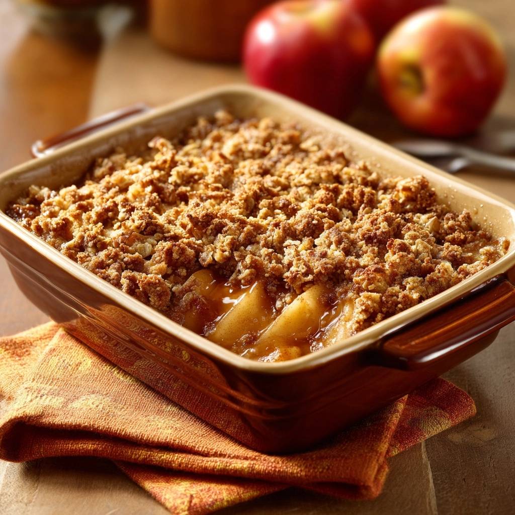 Knuspriger Apfelstreusel Nahaufnahme Backform 1 Knuspriger Apfelstreusel in einer braunen Backform, mit knuspriger Streuselhaube und saftigen Äpfeln. Eine Nahaufnahme zeigt die perfekte Textur des frisch gebackenen Desserts.