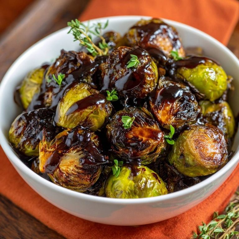 Knuspriger Balsamico-Rosenkohl in einer weißen Schüssel, bedeckt mit dunkler Balsamico-Glasur, und mit frischen Kräutern garniert.