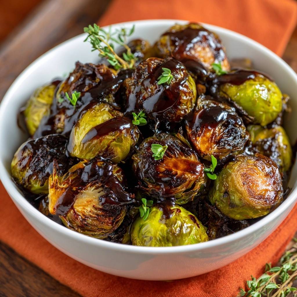 Knuspriger Balsamico-Rosenkohl in einer weißen Schüssel, bedeckt mit dunkler Balsamico-Glasur, und mit frischen Kräutern garniert.
