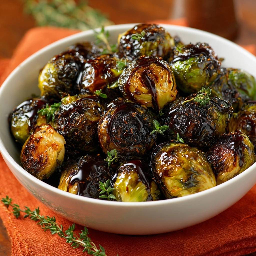 Knuspriger Balsamico Rosenkohl Nahaufnahme Glanz 1 Knuspriger Balsamico-Rosenkohl in einer Nahaufnahme, der mit Balsamico-Glasur glänzt und mit frischem Thymian garniert ist.