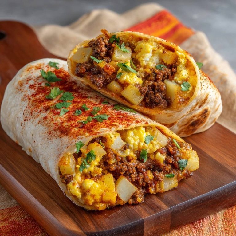 Knuspriger Breakfast Burrito im Querschnitt, der die leckere Füllung aus Rindfleisch, Kartoffeln und Eiern zeigt, garniert mit frischer Petersilie.