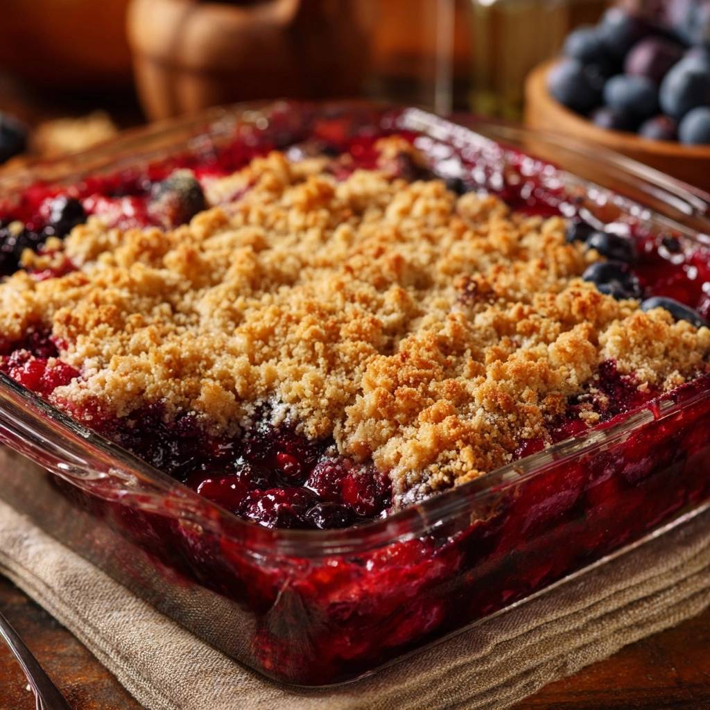Knuspriger Himbeer Blaubeer Crumble Draufsicht 1 Knuspriger Himbeer-Blaubeer-Crumble in einer Glasschale, von oben fotografiert, mit goldbraunen Streuseln und saftigen Beeren.