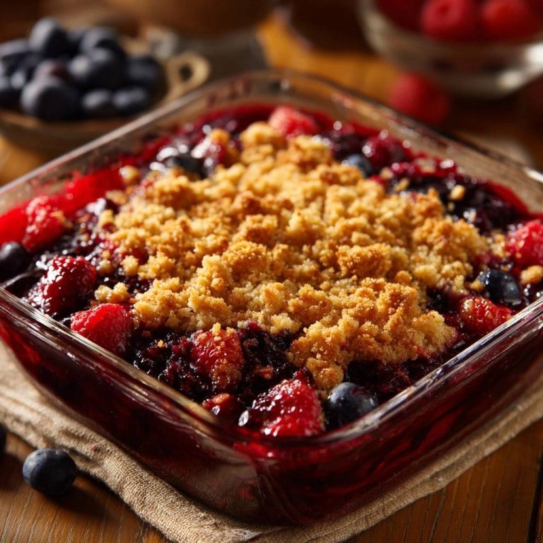 Knuspriger Himbeer-Blaubeer-Crumble in einer Glasform, serviert in einer Nahaufnahme von oben, mit knusprigen Streuseln und frischen Beeren.