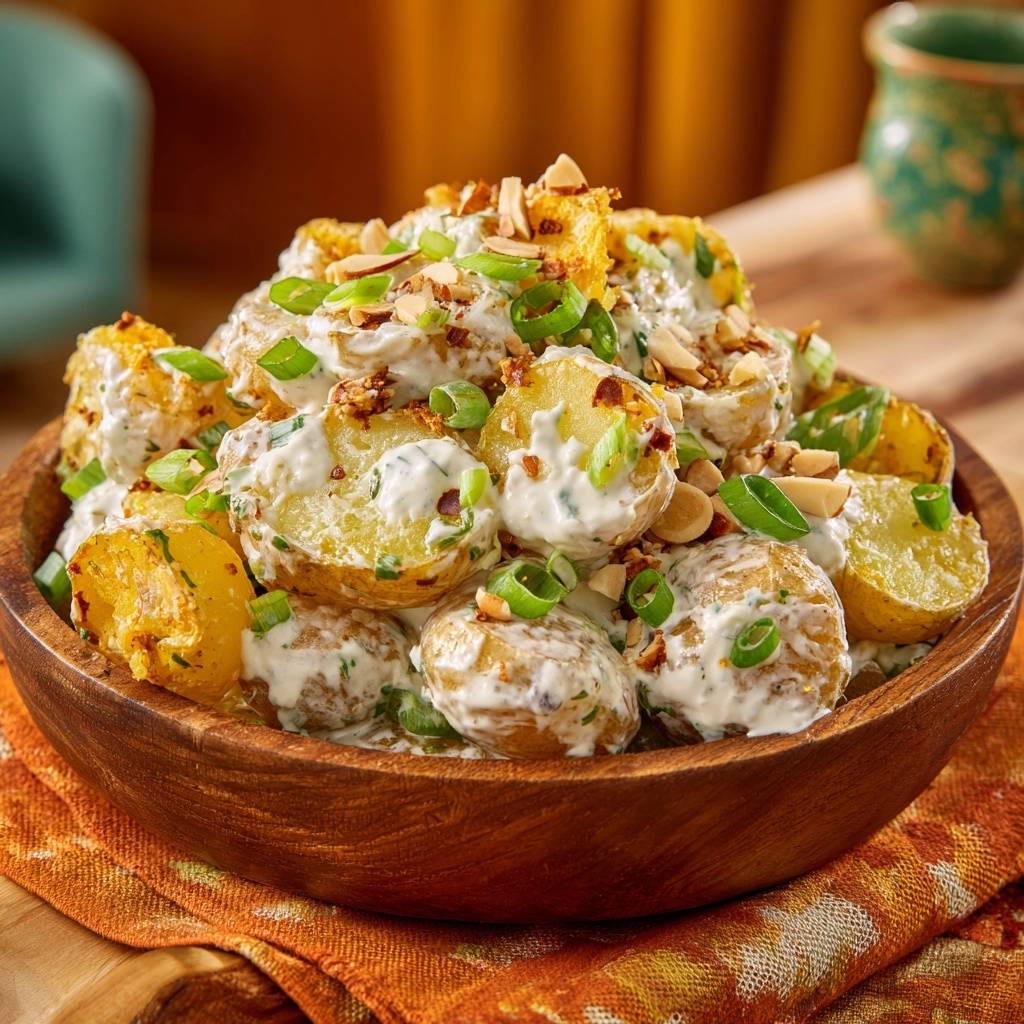 Knuspriger Kartoffelsalat Mit Mandeln Draufsicht 1 Knuspriger Kartoffelsalat mit Mandeln und Kokos in einer Holzschale, garniert mit frischen Kräutern und Mandelsplittern von oben betrachtet.