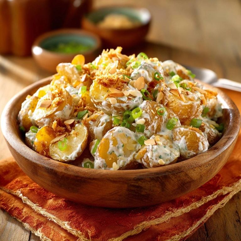 Knuspriger Kartoffelsalat mit Mandeln & Kokos serviert in einer rustikalen Holzschüssel mit frischen Kräutern und Mandelsplittern.