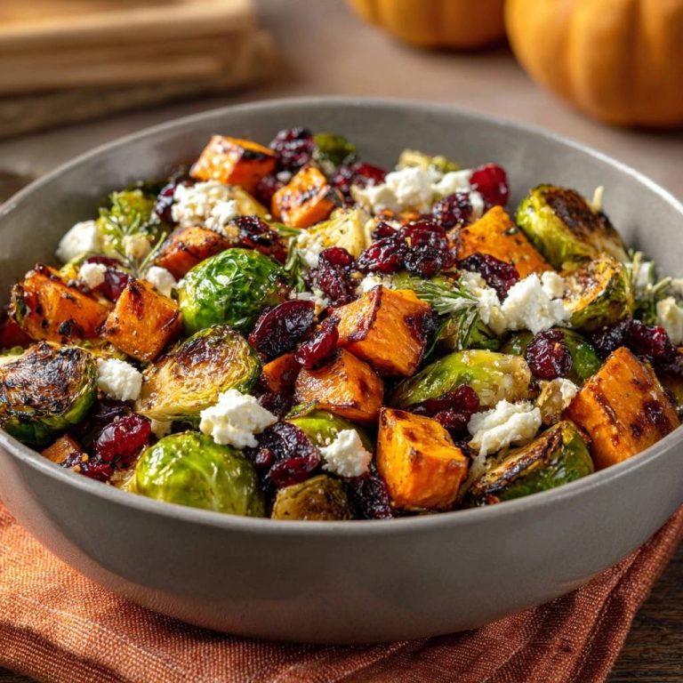 Knuspriger Ofen-Rosenkohl mit Süßkartoffeln, Cranberries & Feta, serviert in einer rustikalen Schüssel, mit einem Hauch von frischem Rosmarin.