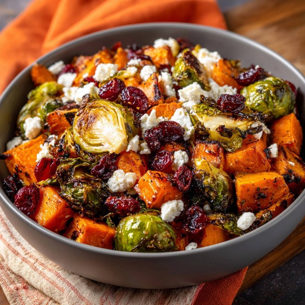 Knuspriger Ofen Rosenkohl Suesskartoffeln Draufsicht 1 Knuspriger Ofen-Rosenkohl mit Süßkartoffeln, Cranberries & Feta, serviert in einer grauen Schüssel, von oben betrachtet. Der Salat ist mit Cranberries und Feta-Käse garniert.