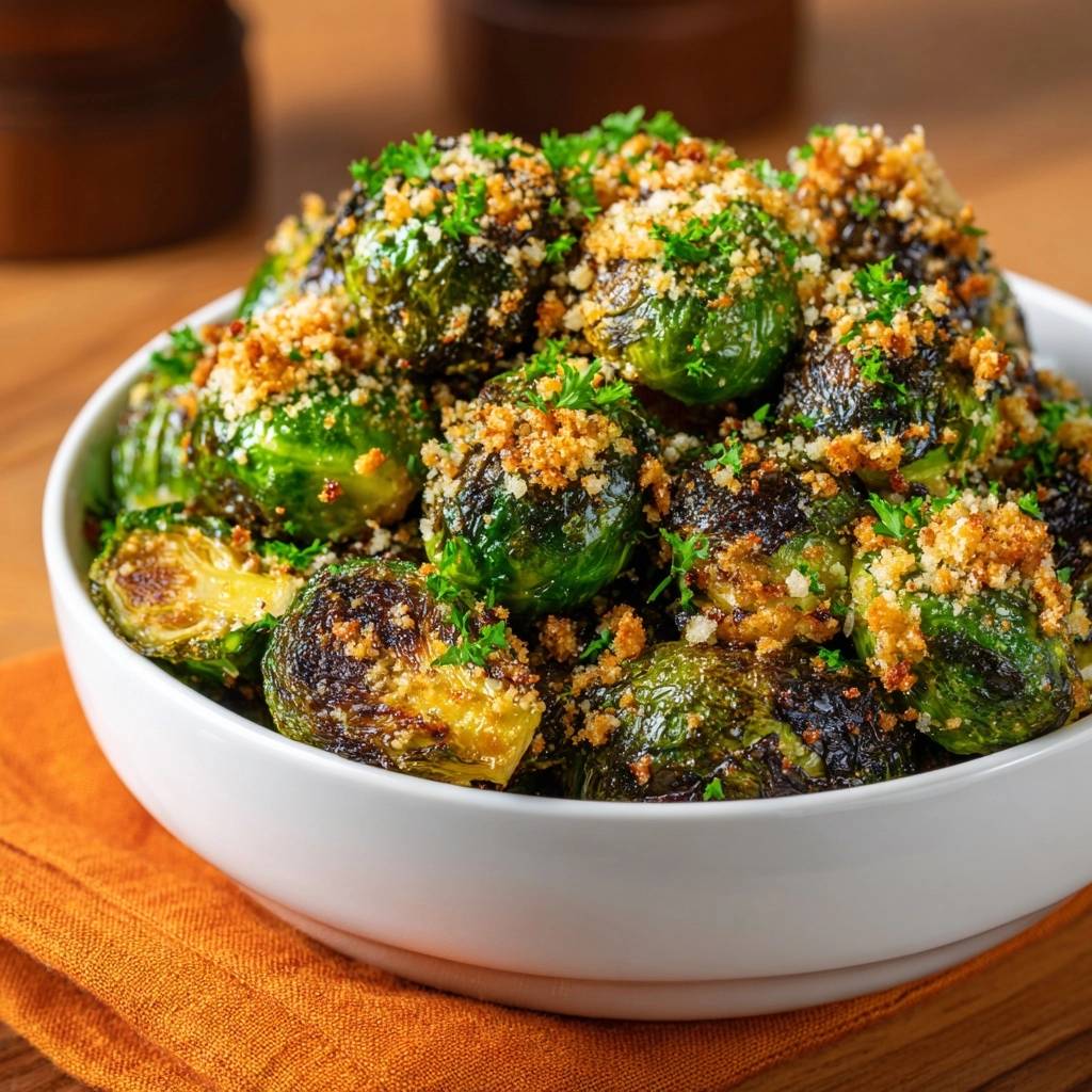 Knuspriger Parmesan Rosenkohl Serviert 1 Knuspriger Parmesan-Rosenkohl, serviert in einer weißen Schüssel und mit knusprigen Bröseln garniert, bereit zum Genießen. Köstliches Gemüsegericht.