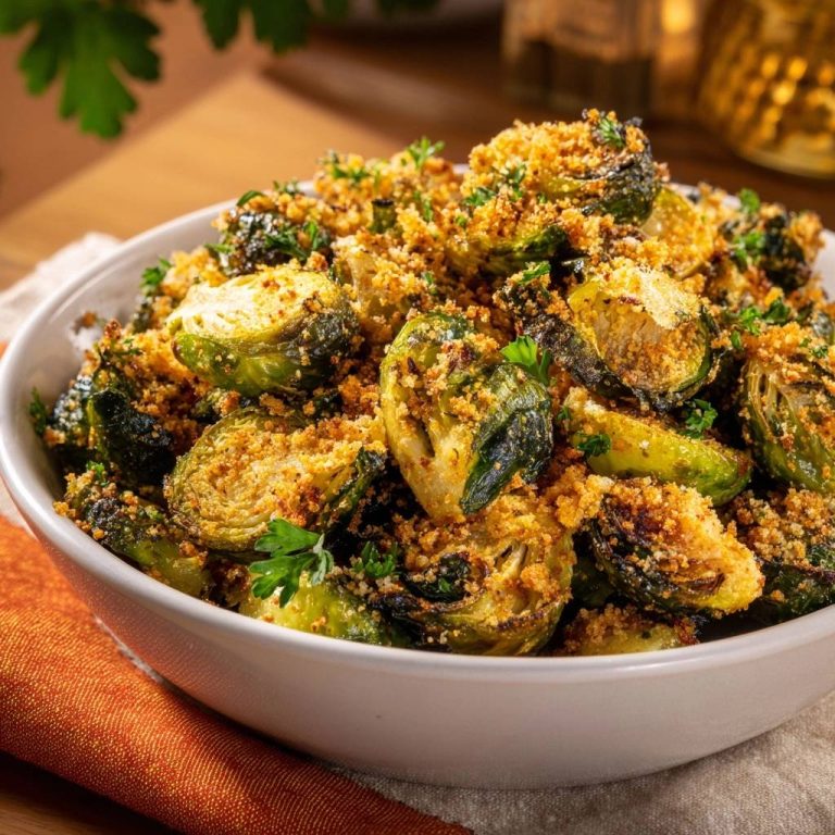 Knuspriger Parmesan-Rosenkohl, serviert in einer weißen Schüssel, garniert mit frischer Petersilie und knuspriger Kruste. Ein köstliches vegetarisches Gericht.