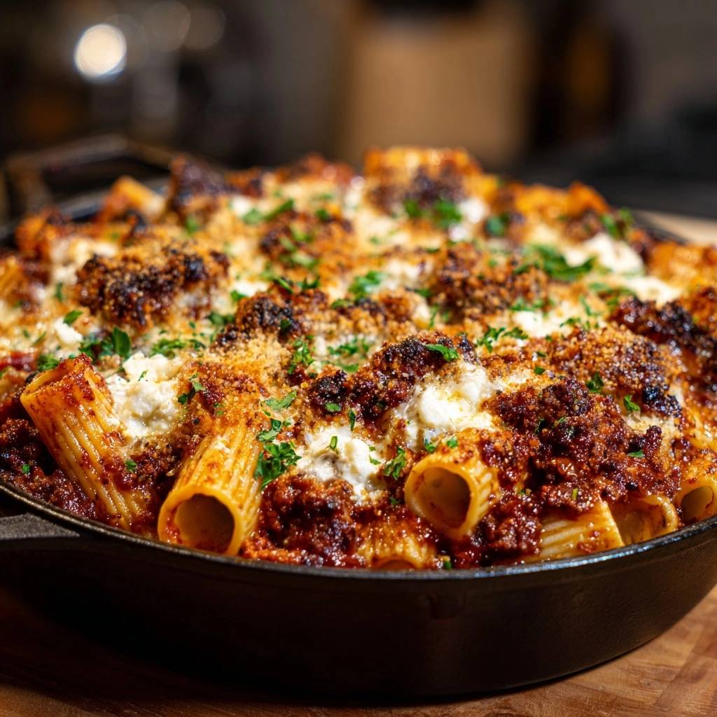 Knuspriger Rigatoni Auflauf Mit Hackfleischragout Draufsicht 1 Knuspriger Rigatoni-Auflauf mit Hackfleischragout in einer gusseisernen Pfanne, aus der Vogelperspektive gesehen, mit knuspriger Kruste.