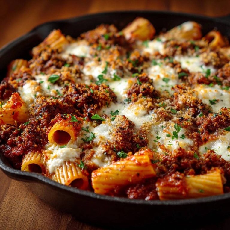 Knuspriger Rigatoni-Auflauf mit Hackfleischragout, serviert in einer gusseisernen Pfanne, mit geschmolzenem Käse und frischer Petersilie garniert.