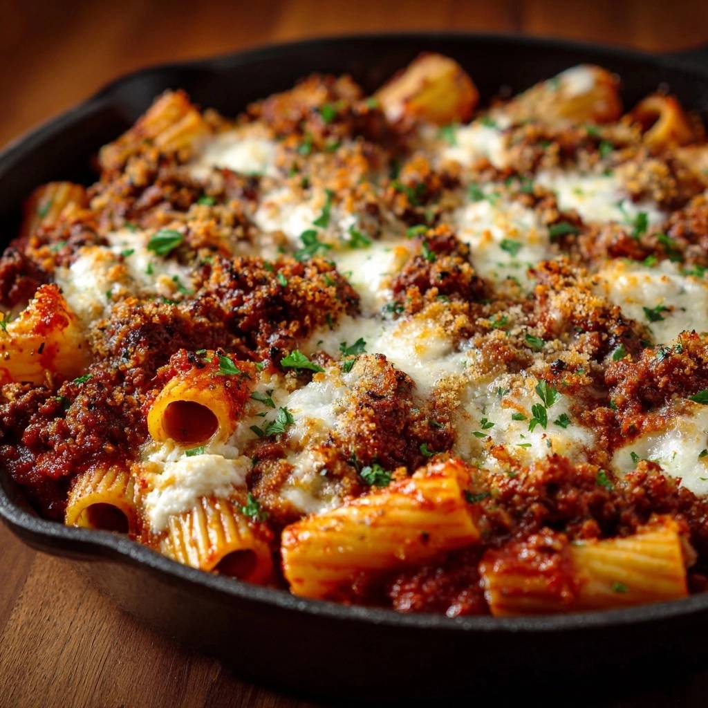 Knuspriger Rigatoni-Auflauf mit Hackfleischragout, serviert in einer gusseisernen Pfanne, mit geschmolzenem Käse und frischer Petersilie garniert.