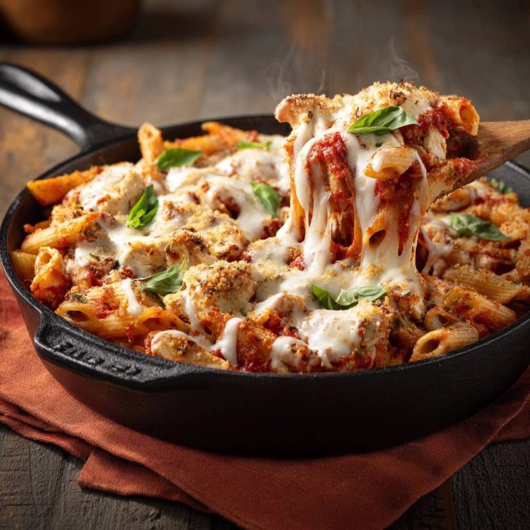 Knuspriger Rigatoni-Auflauf mit Käsekruste, mit geschmolzenem Käse, der sich beim Abheben vom Holzkochlöffel zieht, serviert.
