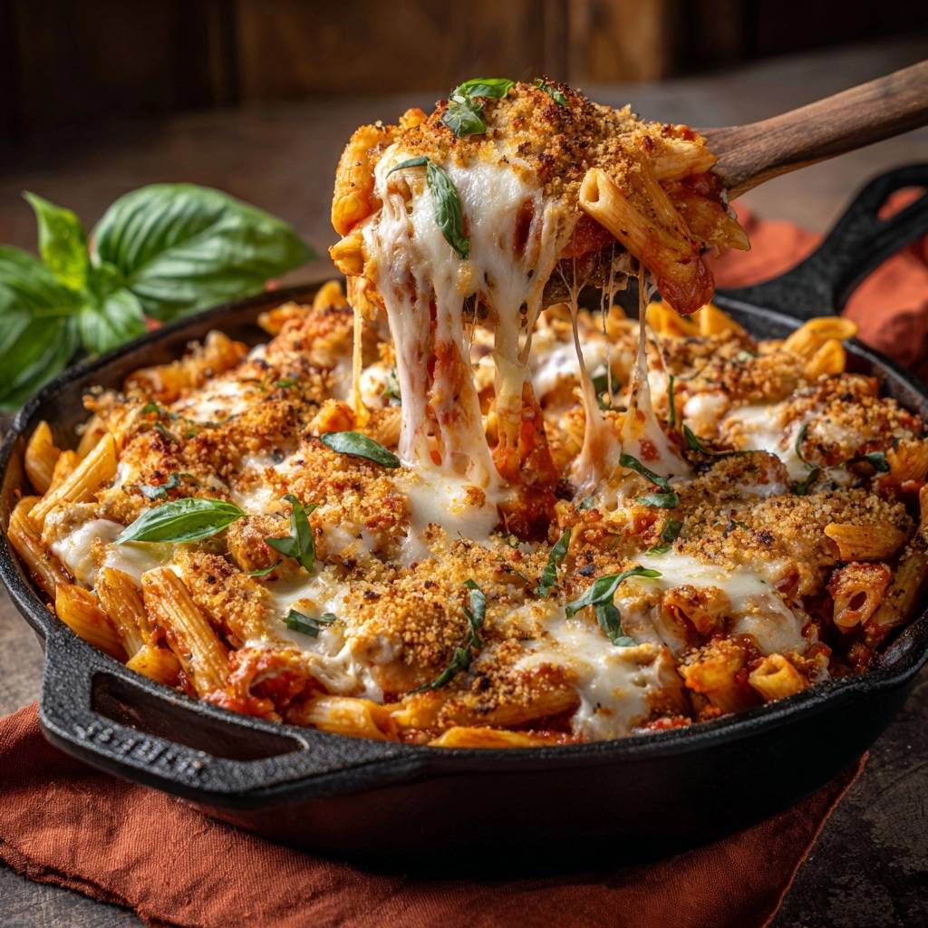 Knuspriger Rigatoni Auflauf Mit Kasekruste Kaesefaden 1 Knuspriger Rigatoni-Auflauf mit Käsekruste, mit geschmolzenem Käse, der sich beim Abheben vom Auflauf zieht und einladend wirkt.