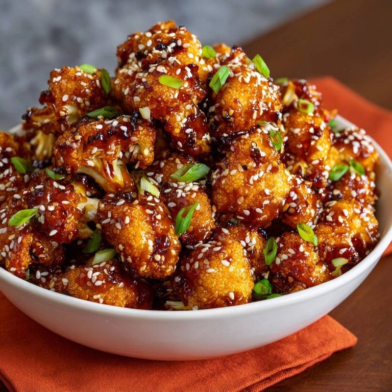 Knuspriger Teriyaki-Blütenkohl, serviert in einer weißen Schüssel, mit Sesam bestreut und mit frischen Kräutern garniert. Ein köstliches vegetarisches Gericht.