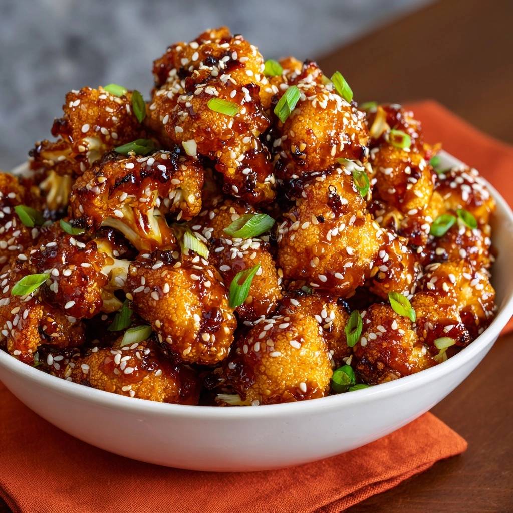 Knuspriger Teriyaki-Blütenkohl, serviert in einer weißen Schüssel, mit Sesam bestreut und mit frischen Kräutern garniert. Ein köstliches vegetarisches Gericht.