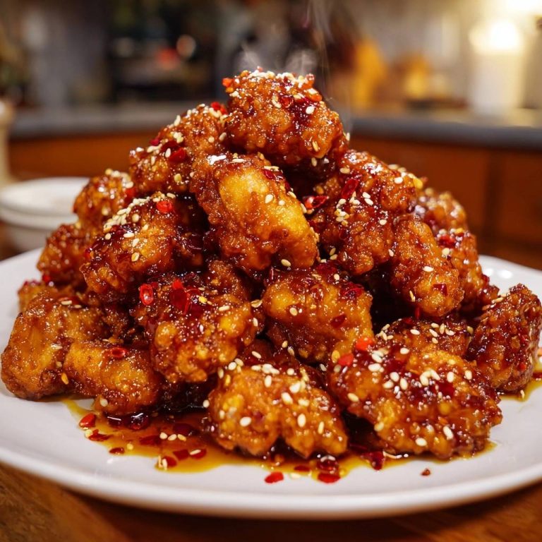 Knuspriges Glasur-Hähnchen in Nahaufnahme, dampfend heiß serviert. Die goldbraune Glasur ist mit Sesam und Chili verfeinert.