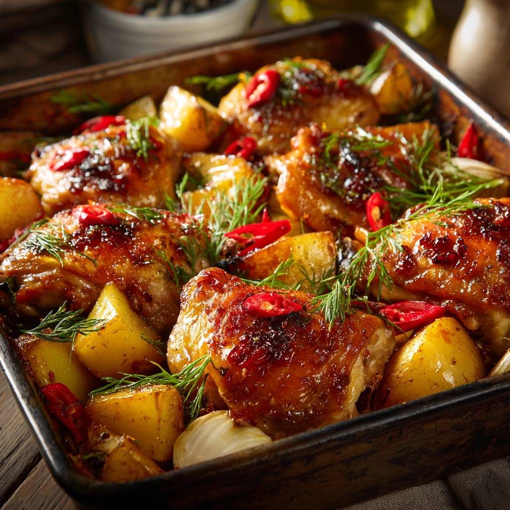 Knuspriges Hahnchen Blech Mit Dill Kartoffeln Draufsicht 1 Knuspriges Hähnchen-Blech mit Dill-Kartoffeln, eine appetitliche Draufsicht des gebackenen Hähnchens mit Kartoffeln, Chili und frischem Dill.