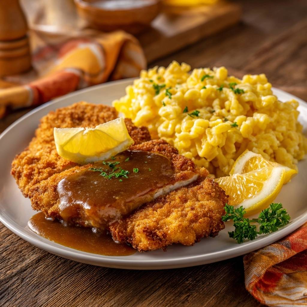 Knuspriges Hahnchenschnitzel Mit Gelbem Reis Serviert 1 Knuspriges Hähnchenschnitzel mit gelbem Reis serviert auf einem Teller, mit Zitrone und Soße garniert, köstlich angerichtet.