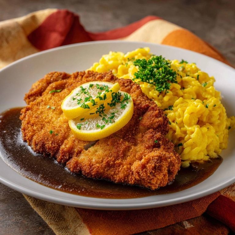 Knuspriges Hähnchenschnitzel mit gelbem Reis serviert auf einem Teller. Das Schnitzel ist goldbraun gebraten und mit Zitronenscheiben garniert.
