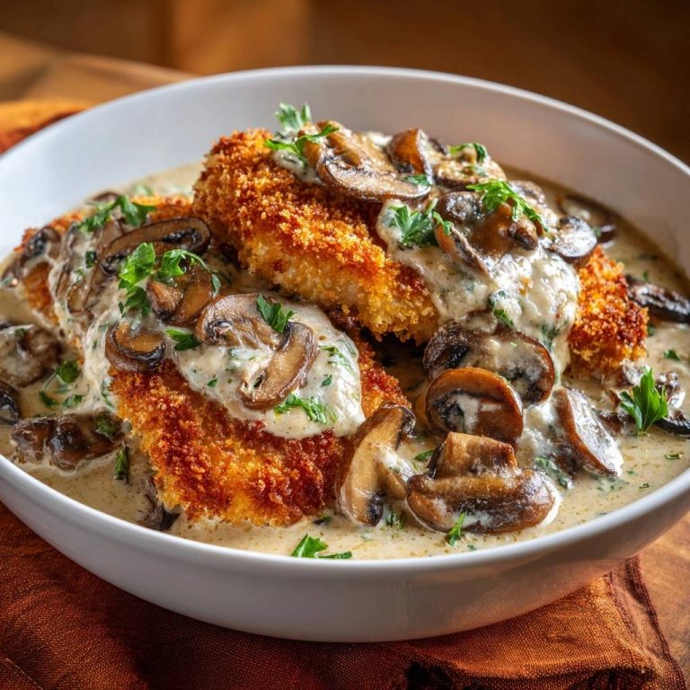 Knuspriges Hähnchenschnitzel mit Pilz-Rahmsoße: Eine Nahaufnahme zeigt die goldbraun gebratenen Schnitzel mit cremiger Pilzsoße und frischer Petersilie.