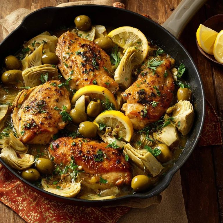 Knuspriges Hähnchen mit Artischocken, Oliven und Zitrone, zubereitet in einer Pfanne, in einer schönen Draufsicht von oben.