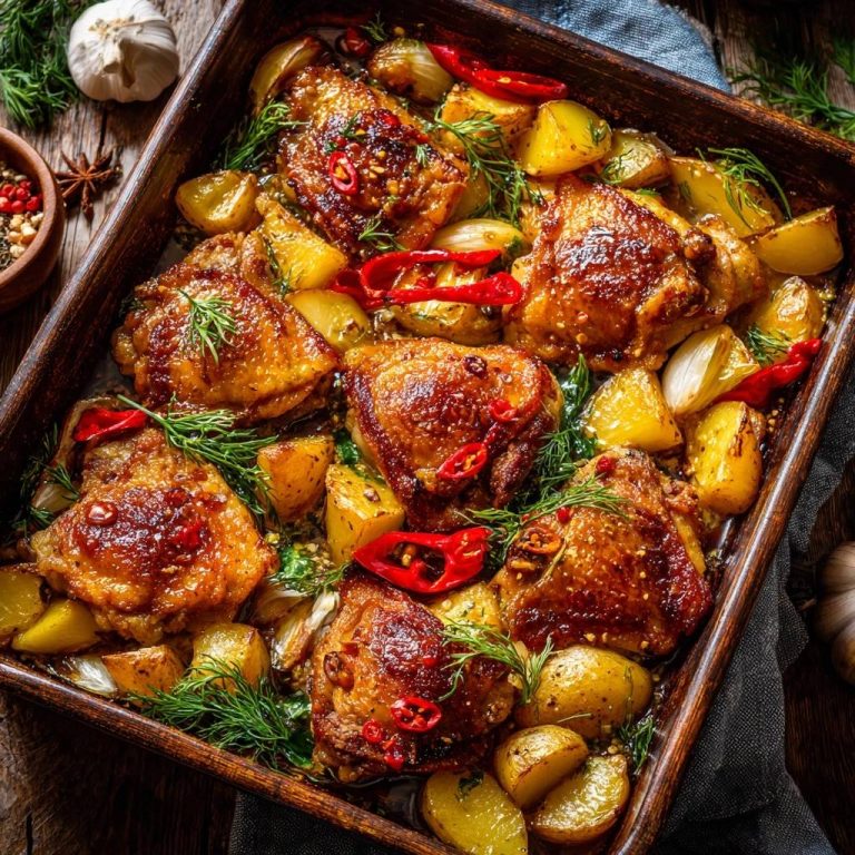 Knuspriges Hähnchen-Blech mit Dill-Kartoffeln in einer rustikalen Auflaufform, serviert mit frischem Dill und roten Chilischoten.